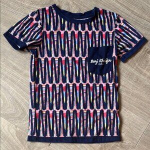 Pink and Blue Short Sleeve Tee with Geometric Pattern